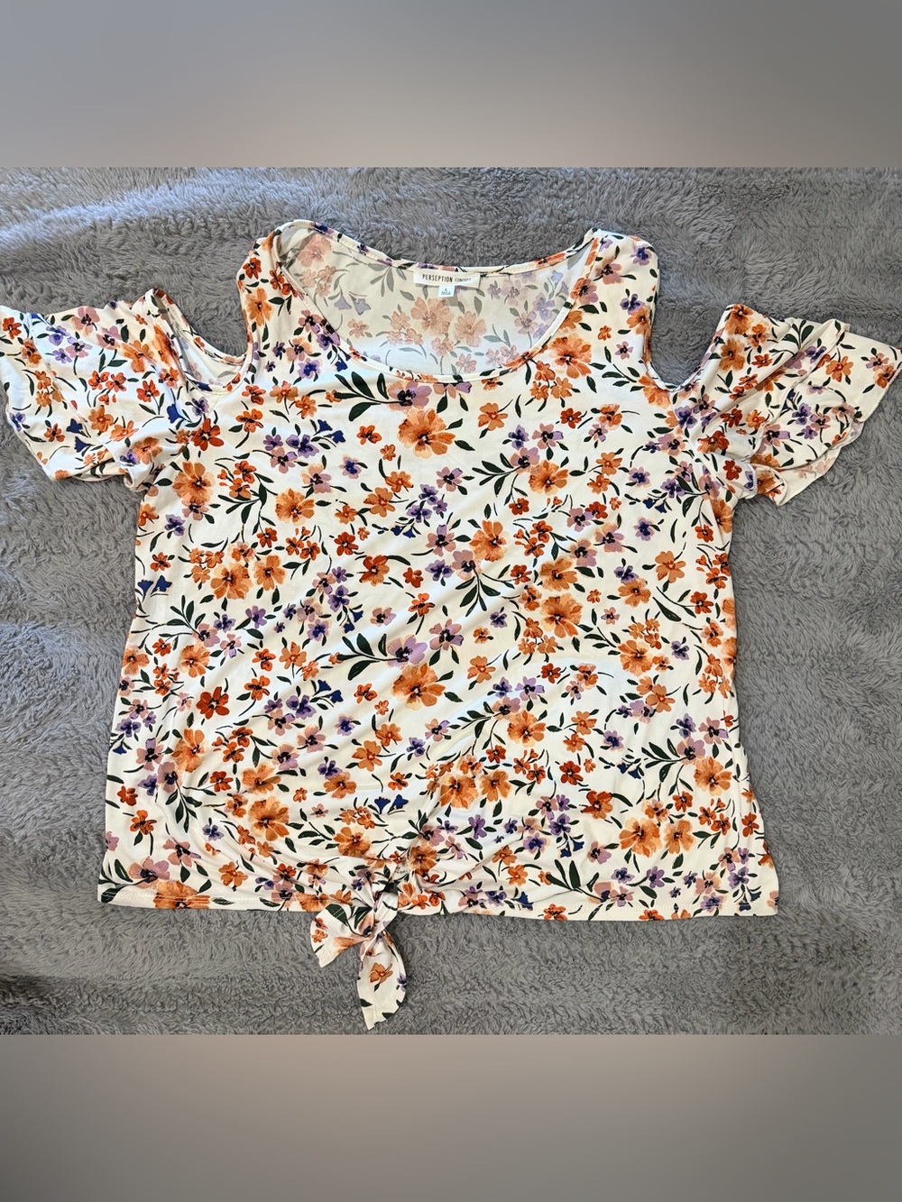 PerSeption Concept White Floral Cold-Shoulder Tie-Front Top